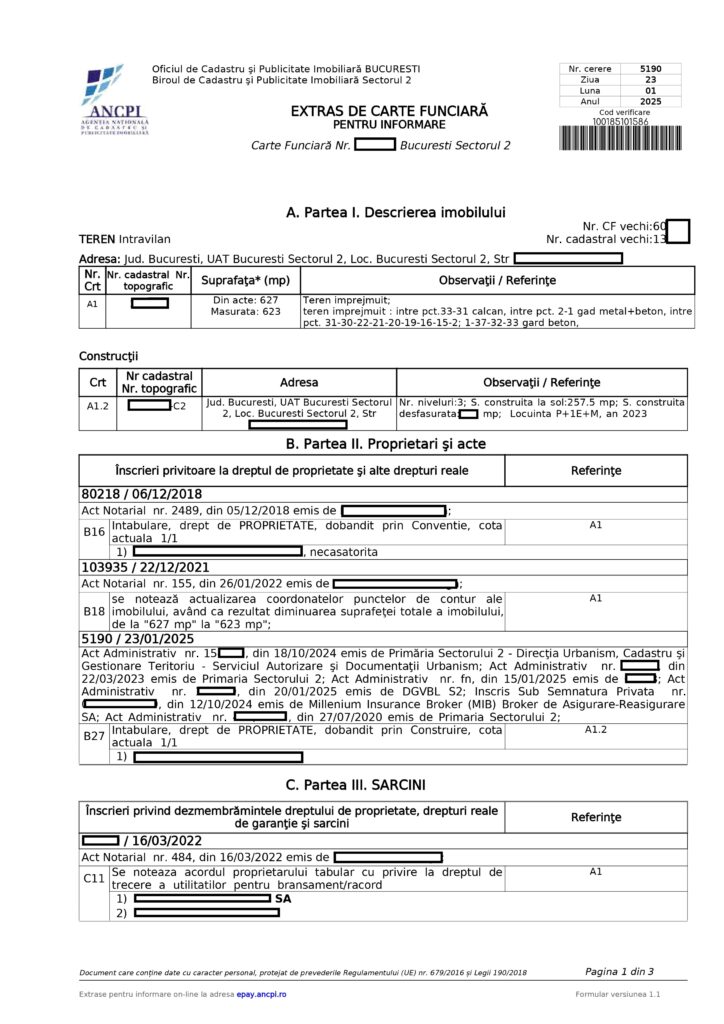 Exemplu extras de carte funciara pentru informare ANCPI – model document oficial